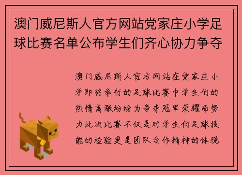 澳门威尼斯人官方网站党家庄小学足球比赛名单公布学生们齐心协力争夺冠军荣耀