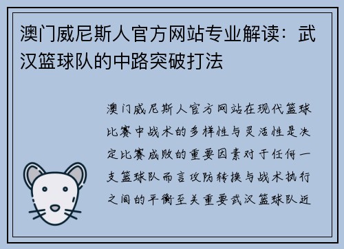 澳门威尼斯人官方网站专业解读：武汉篮球队的中路突破打法