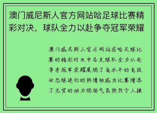 澳门威尼斯人官方网站哈足球比赛精彩对决，球队全力以赴争夺冠军荣耀，球迷热情高涨助威加油